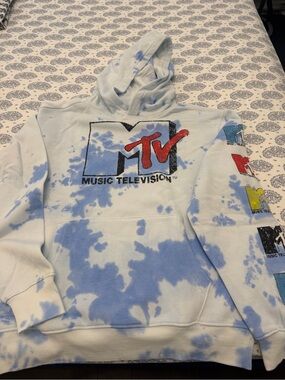 Unixsex MTV Blue and White Tie-Dye Logo Hoodie with Colorful Sleeve Logos